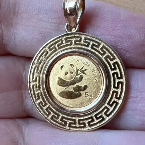 14K BEZEL SET PENDANT PANDA COIN 2000 1/20oz 5 YUAN FROSTED .999 FINE GOLD